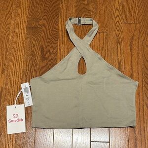 NWT Aritzia Sunday Best Olive Cross-Back Halter Crop Top